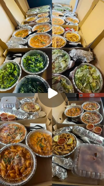 Full catering layout — pasta, sides, fried, salads